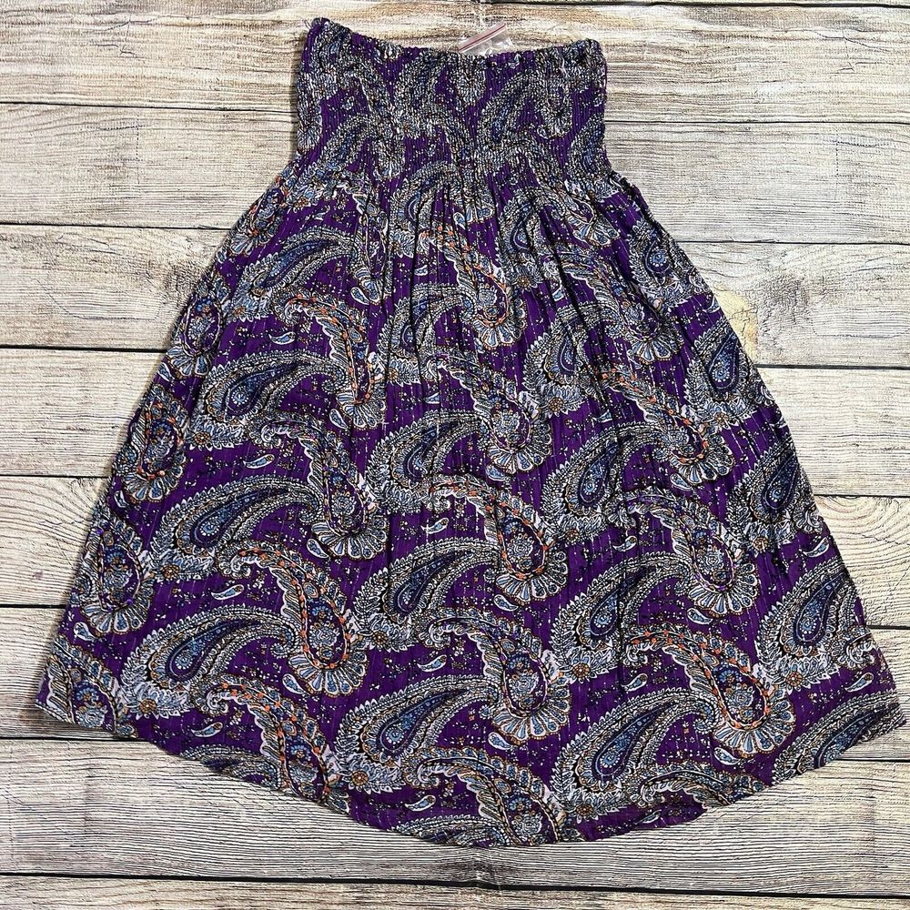 MKM Designs Women's Small Purple Paisley‎ Strapless Smocked Dress Metalic Y2K